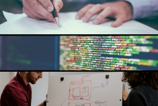 kolaż zdjęciowy przedstawiający dłonie piszące na papierze, ekran komputera, osoby stojące przy flipcharcie