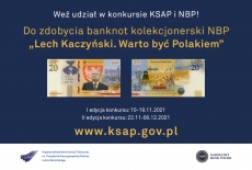 plakat reklamujący konkurs - zawiera zdjęcie banknotu NBP, tytuł konkursu, terminy, adres strony KSAP