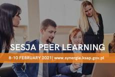 pięć osób siedzi na kanapach, patrzą w laptop stojący przed nimi na stole, dyskutują. Na te zdjęcia napis: sesja peer learning. 8-10 February 2021, www.synergia.ksap.gov.pl