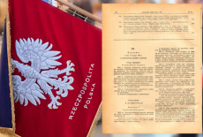 sztandar KSAP i pierwsza strona ustawy o państwowej służbie cywilnej 
