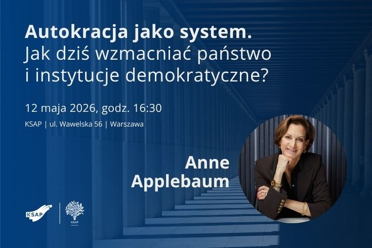 plakat z tytułem wystpienia i szczegółami spotkania, zdjęciem prelegentki. W tle budynek z kolumnami.