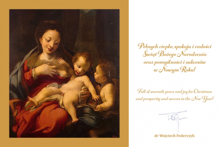 kartka świąteczna, z lewej strony obraz "Madonna z Dzieciątkiem", z prawej życzenia