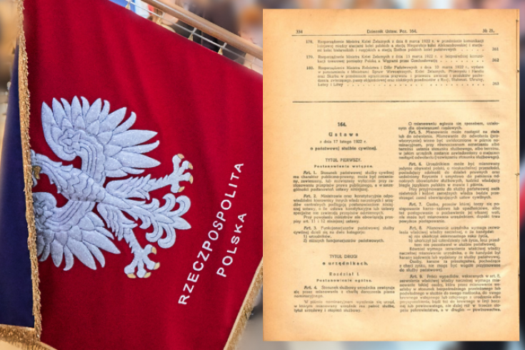 sztandar KSAP i pierwsza strona ustawy o państwowej służbie cywilnej 