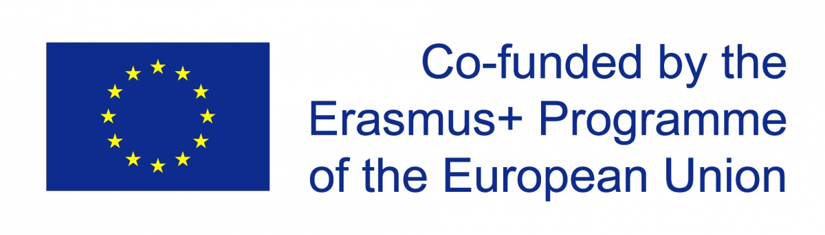 logo projektu Erasmus - z lewej strony flaga Unii Europejskiej, z prawej informacja o współfinansowaniu oraz tytuł programu