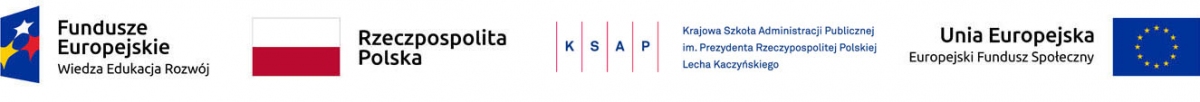 Logo Funduszy Europejskich, polska flaga i napis Rzeczpospolita Polska, logo KSAP, logo Unii Europejskiej